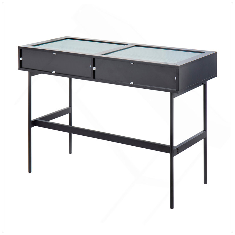 Emery Contemporary Console Table In Black Wood, Black Steel, And Glass Top By Lumisource, Black