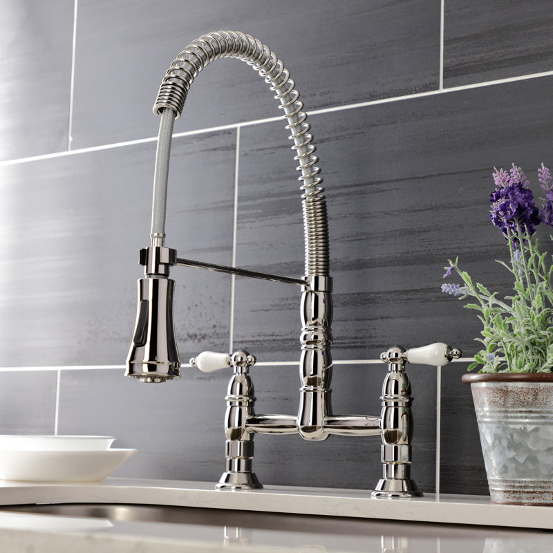 Kingston Brass Heritage Double-Handle 2-Hole Deck-Mount Pre-Rinse Bridge Kitchen Faucet, Polished Nickel