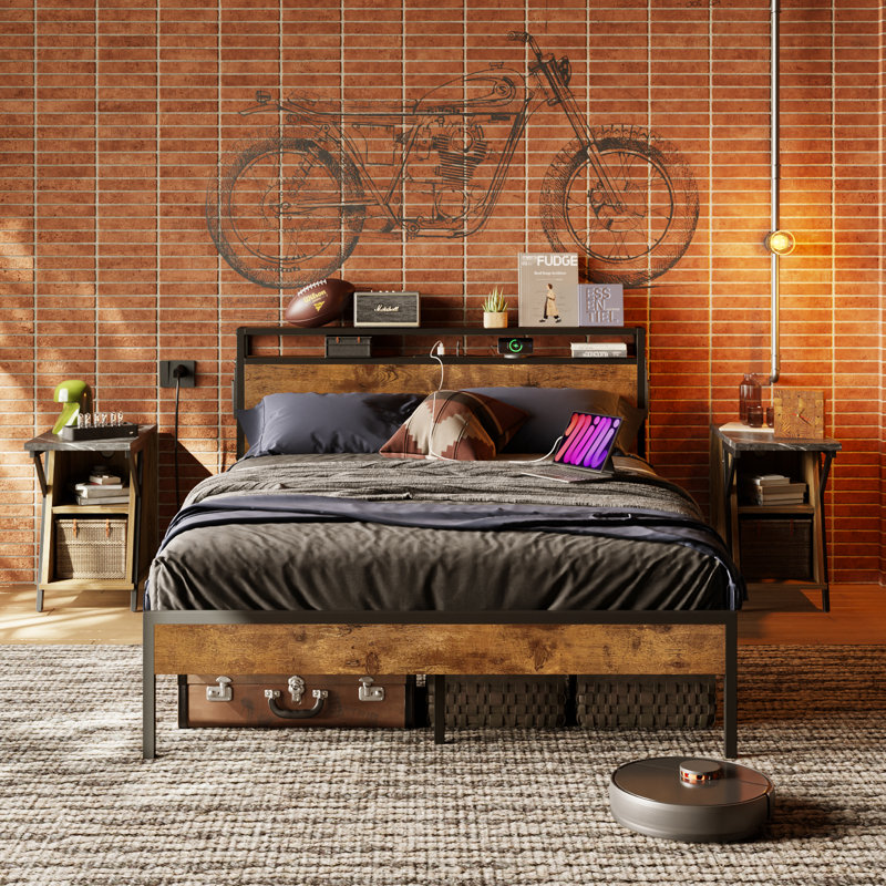 Full Size Metal Frame Bed with LED Storage Headboard