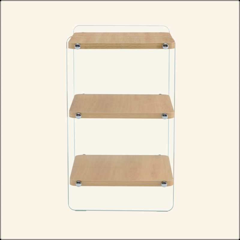 Trois niveaux de tables de chevet. La surface du panneau est en panneau de fibres à densité moyenne, avec des autocollants en grain, et les deux côtés sont en verre trempé transparent. La conception est simple et généreuse, avec fonction de rangement