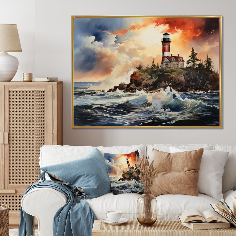Phares rétro avec lumière guidée III sur toile, Cadre flottant doré, 16" H x 32" W