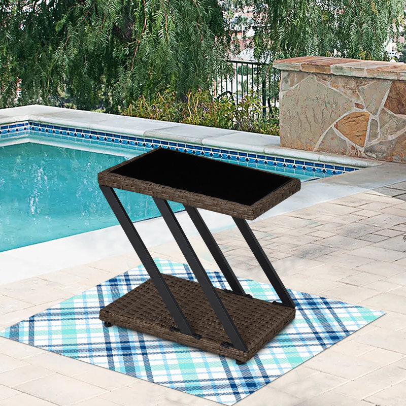 Wicker Rattan Outdoor Side Table With Tempered Glass