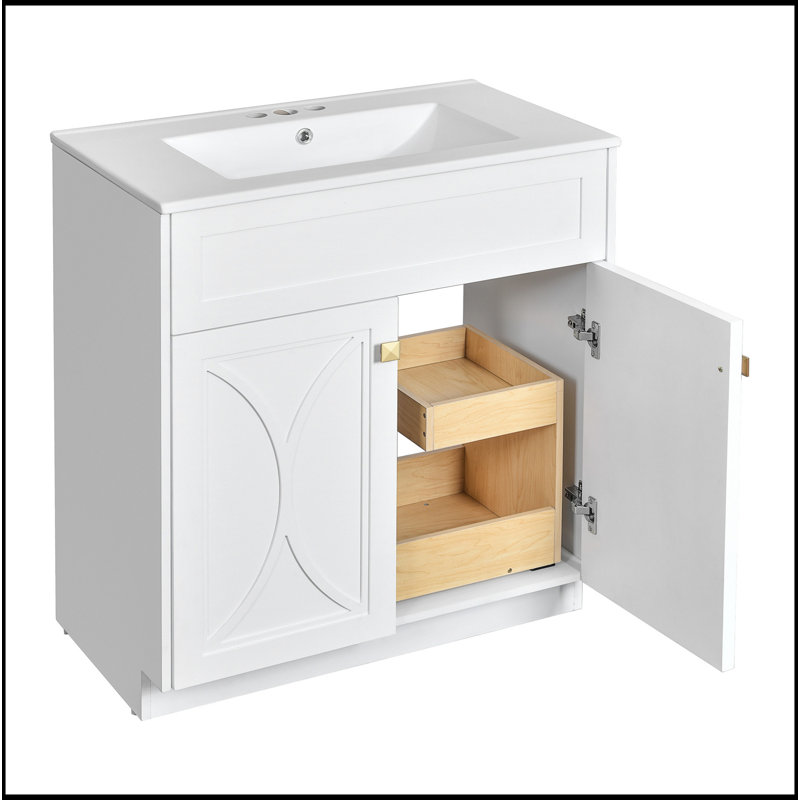 Ensemble de meuble-lavabo simple 30 po avec 3 tiroirs, meuble-lavabo autoportant avec cadre en bois massif 30 po, Blanc