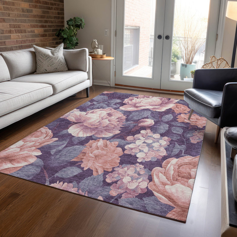 Floral Red and Purple Synthetic Washable Area Rug 3' x 5'