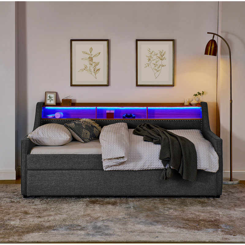 Twin size sofa bed with three LED lights, adjustable headboard with storage, Gray
