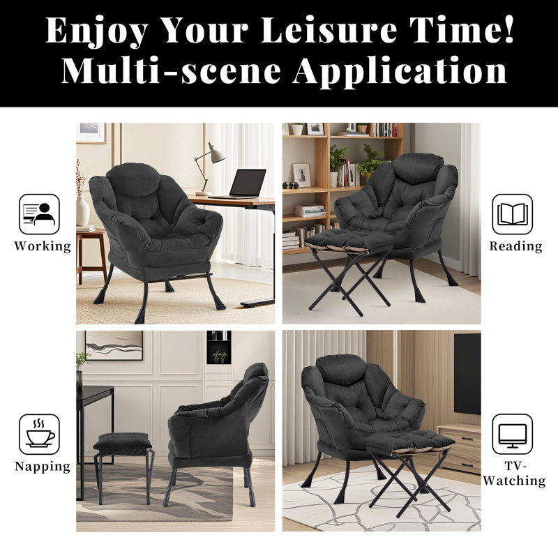 Upholstered Armchair with Footstool, Black