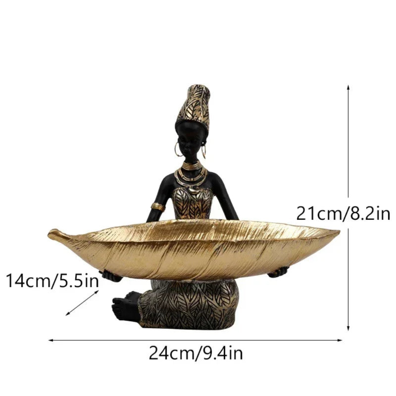 African Woman Figurine With Golden Tray