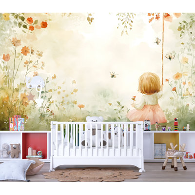 Papier peint petite fille sur une balançoire dans un pré de fleurs - Papier peint aquarelle de chambre de bébé avec papillons et jardin - Papier peint botanique beige doux pour chambre de bébé ou espace de jeu 