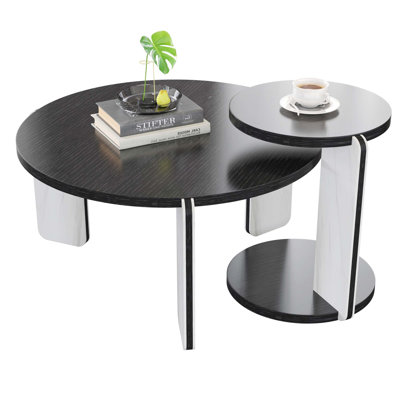 Round Coffee and End Table Set with Veneer Surface and Sintered Stone Legs for Versatile Home Use, Durable and Stylish