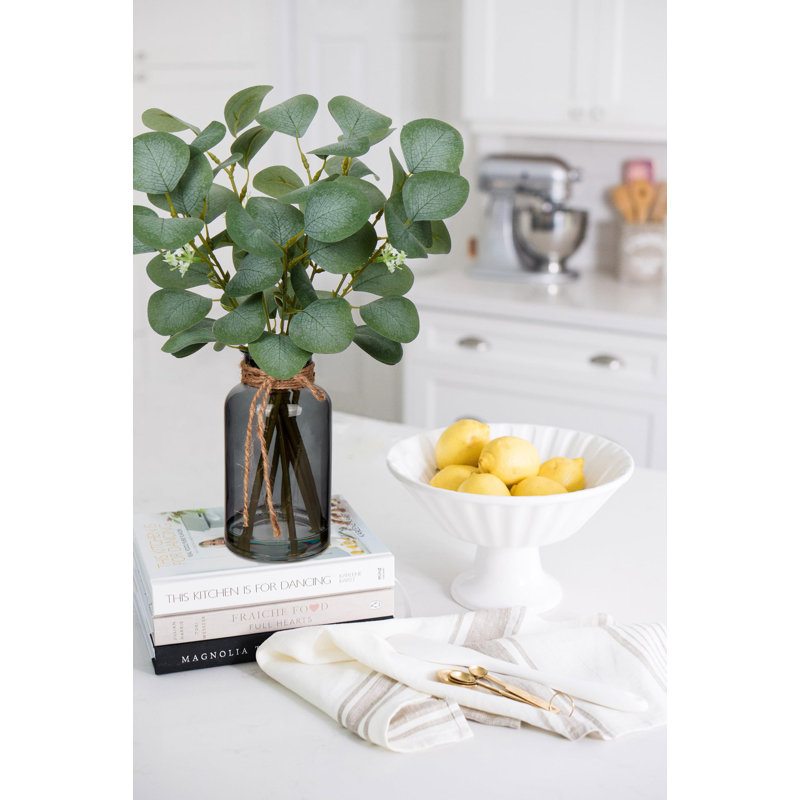 14" Frosted Green Eucalyptus Stems in Black Glass Vase