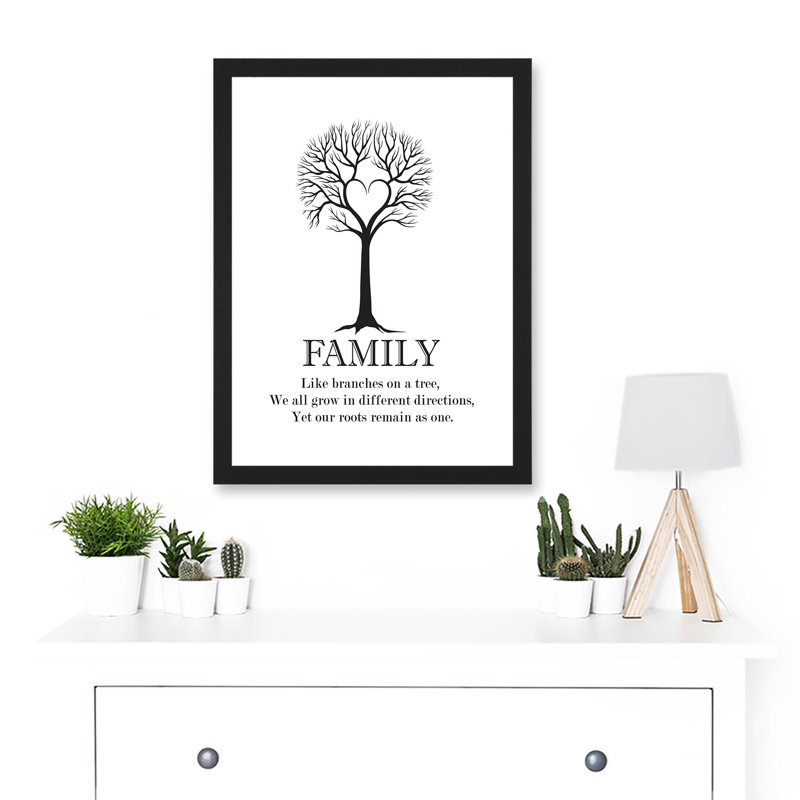 Family Roots Quote Motivation Typography B&W Heart Tree - Single Picture Frame Art Prints