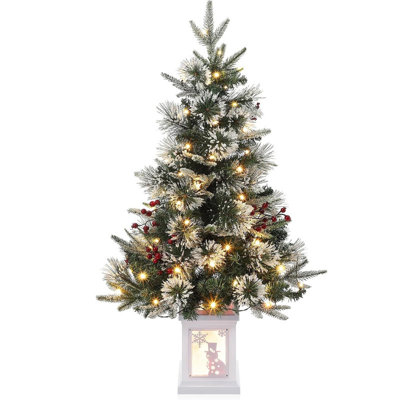 Christmas Tree 3FT Pre-Lit Artificial Xmas Tree with 78 LED Lights, Snow Flocked, Potted Base, Battery Operated, Easy Fold Storage, Small Christmas Trees for Indoor Outdoor Decor Battery Powered Light