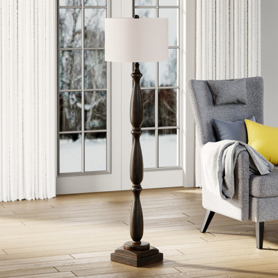 Lampe sur pied 62 po en résine brune avec interrupteur au pied et abat-jour tambour en lin 62 po pour salon, chambre à coucher et coins de lecture