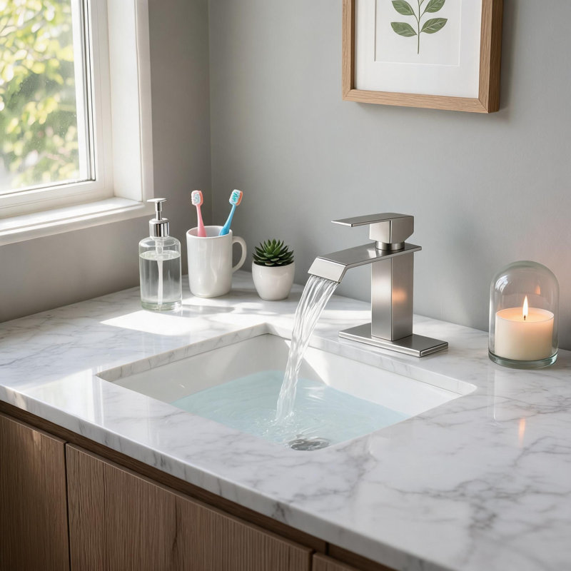 Robinet de lavabo de salle de bain à poignée simple en nickel brossé avec flux laminaire
