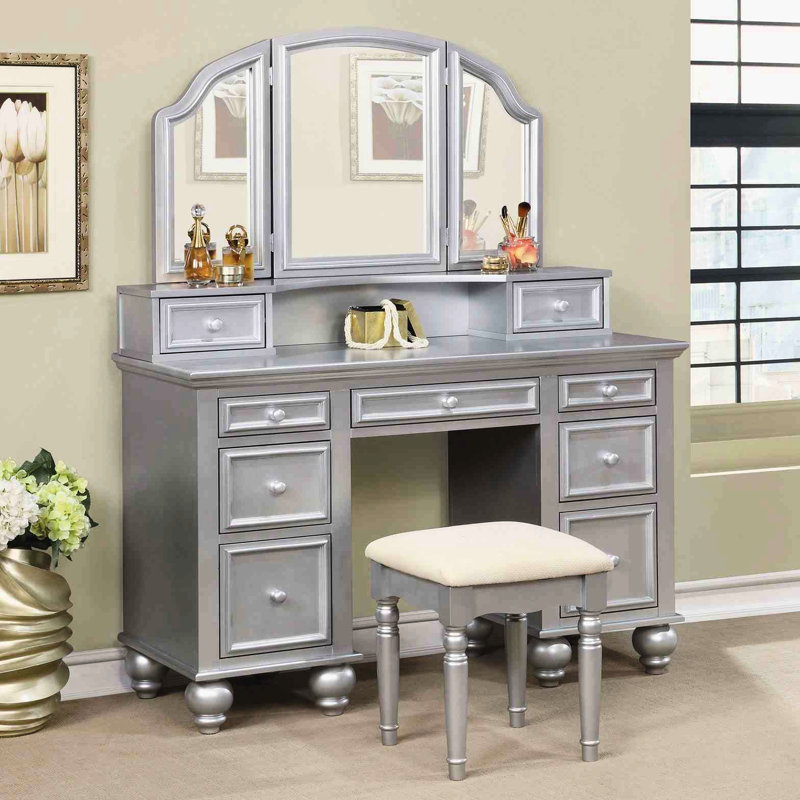 Meuble-lavabo et tabouret transitionnel 1pc, miroir argenté, 3 côtés, tiroirs de rangement en bois massif pour le décor de la chambre à coucher, finition, utilisation