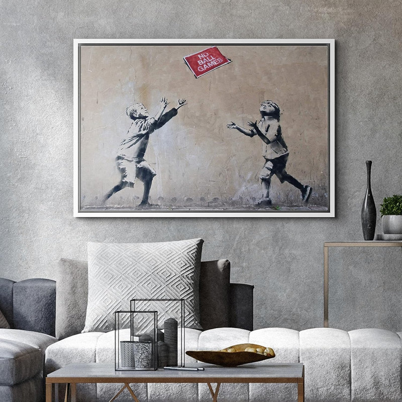 Banksy no ball jeux sur toile, H 24 po x l 36 po x P 1,5 po, Cadre flottant blanc