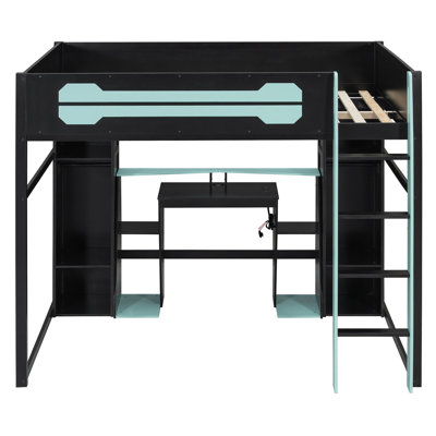 Full-Size Wooden Gaming Loft Bed with Desk and Storage, RGB LED Light, USB Charging Station, Built-in Wardrobe & Cabinets, Space-Saving Loft Bed Frame for Bedroom
