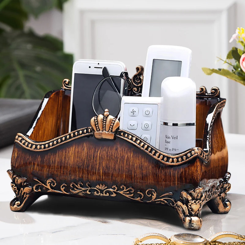 Boîte de rangement pour salon rétro avec support à télécommande rétro brun