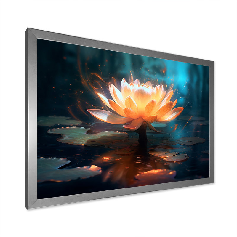 Cinématique lotus blanc dans un étang mystique - reproduction sur toile, H 16 po x l 32 po x P 1 po, Cadre simple argenté