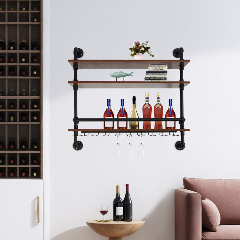 Rustic Wall Mounted Wine Rack Bottle Glass Storage Holder Shelf For Home Bar, 35" H x 36" W x 7.8" D