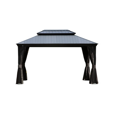 12'x16' Hardtop Gazebo with Resin Roof, Outdoor Metal Gazebo with Drainage Gutters, Permanent Heavy Duty Pavilion for Patio, Backyard and Deck, Curtains and Mosquito Netting Included
