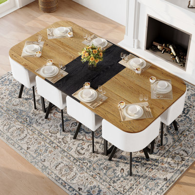 9-Piece Square Dining Table Set, Fixed Two-Tone Wood Grain & Wood Grain Triamine Tabletop with 8 Faux Leather Chairs, Modern Kitchen Table Set for 8 P