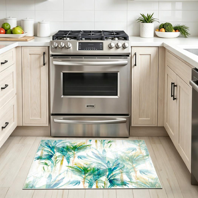 Clear Tropical Trees Abstract Watercolor Packaging Leaf Floral Artwork Machine Washable Indoor Area Rug
