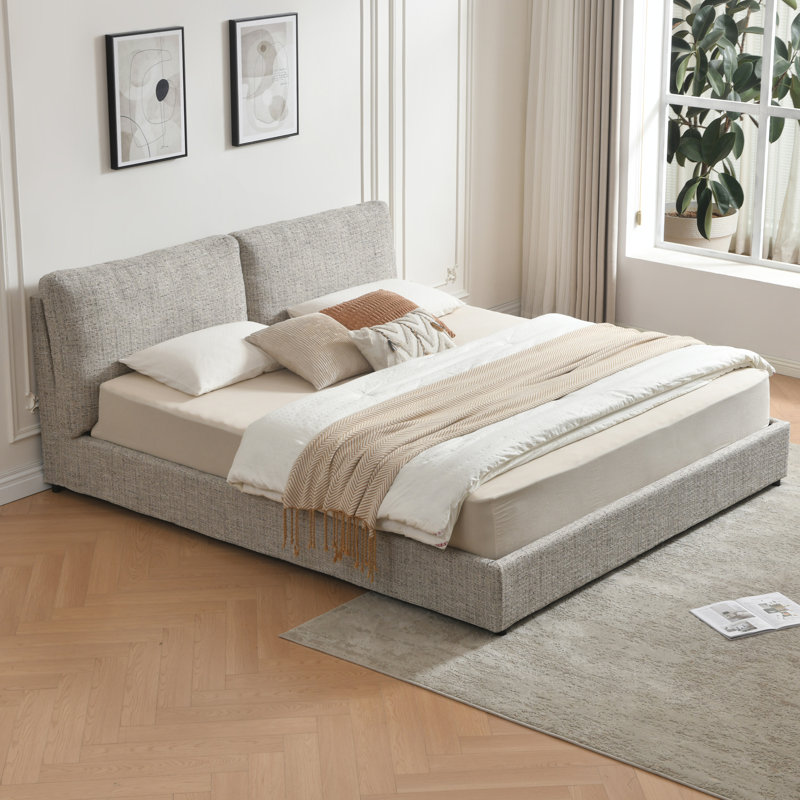 Upholstered Platform Bed with Two Removable Cushioned Headboards, Brown, King