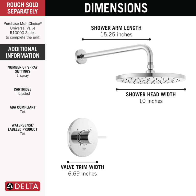 Ensemble de robinet de douche à pluie rond Modern 14 Series, ensemble de pomme de douche et poignée chromées, ensemble de garniture de valve, chrome (valve non incluse)