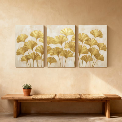 Plantes et fleurs, feuilles de ginkgo doré sur fond crème, ensemble de 3 impressions d'art sur toile