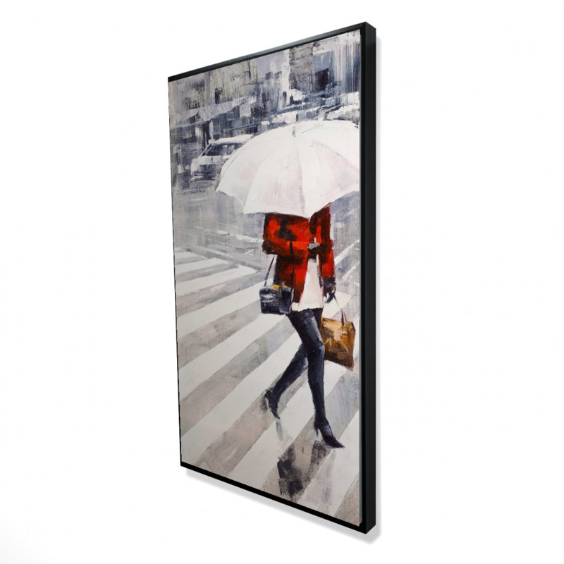 «Woman Walking with Umbrella» - Toile encadrée rouge, H 49,25 po x l 25,25 po