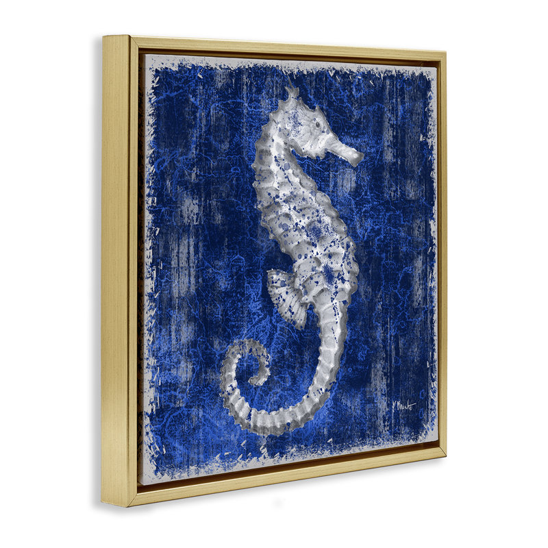  «Rustic Indigo Seahorse Floater», art mural sur toile par Paul Brent, H 25 po x l 25 po, Cadre flottant métallique doré