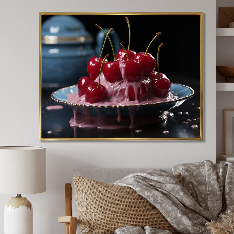 Cherry Sundae Dessert Explosion - Art mural cerise, Cadre flottant doré, H 34 po x l 44 po x P 1,5 po