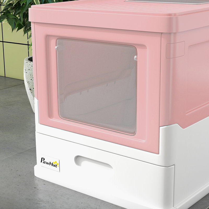 Bac à litière fermé pour chat avec pelle, plateau, entrée par le haut, pliable, rose