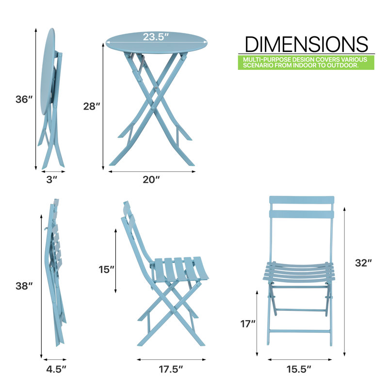 Ensemble bistro pour patio, table ronde et chaises de jardin pour le balcon, Bleu