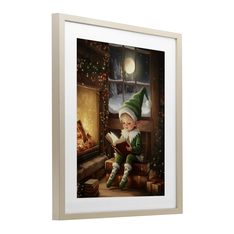 «Reading Elf» par Fireplace, reproduction encadrée sous verre, design par Arlington Prints, H 16 po x l 13 po