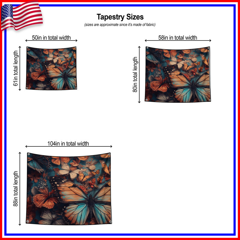 Tapisserie murale papillons colorés sur fleurs - Décoration murale papillons, 68 po H x 80 po L avec 4 œillets