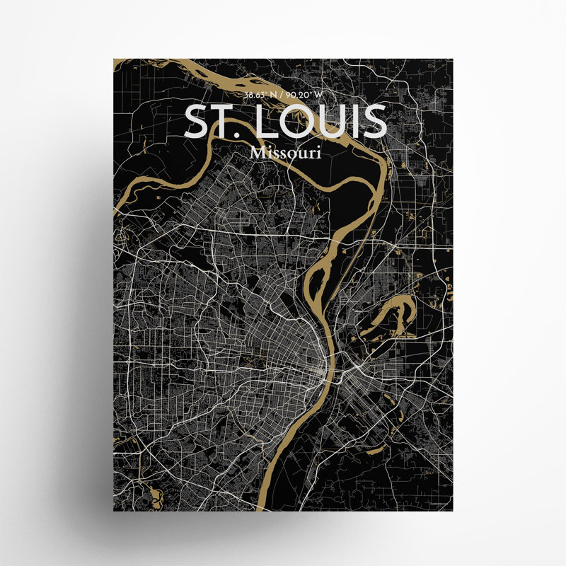 St. Louis City Map, impression, H 24 po x l 18 po, Noir et or