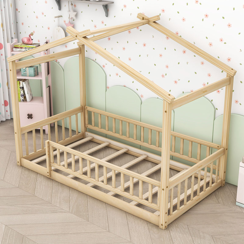 Structure de lit en bois avec clôture et lattes Dorset, Simple, Naturel