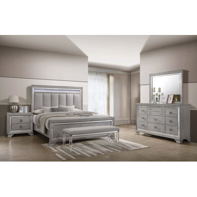 Alyncia Jaydon Gray LED Upholstered Panel Bedroom Set Special 4 Bed Dresser Mirror Nightstand by Darby Home Co