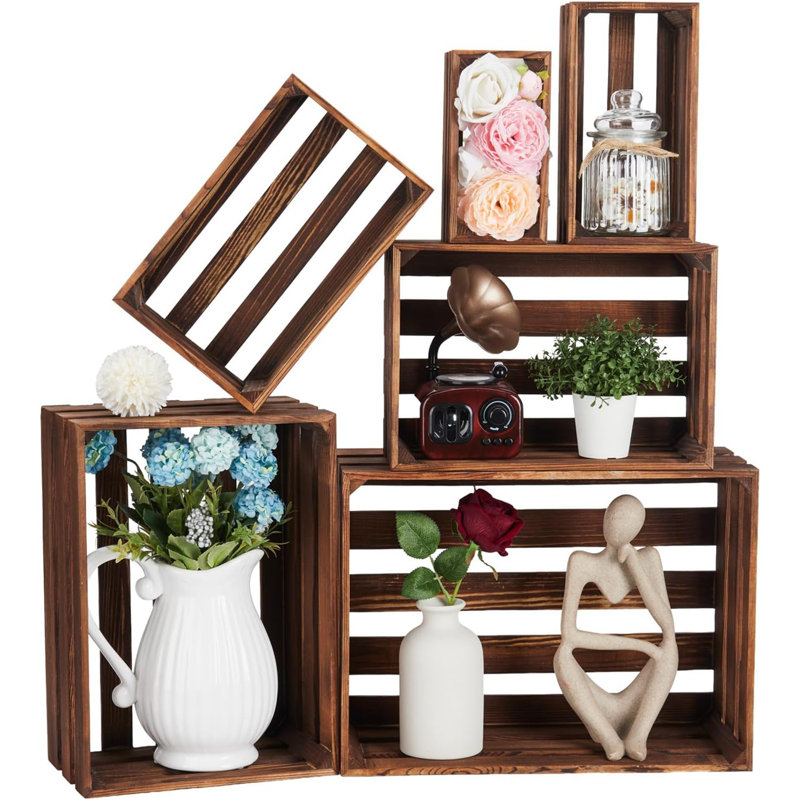 Ensemble de 6 caisses en bois rustiques, boîtes de rangement gigognes empilables avec poignées pour la présentation et l'organisation