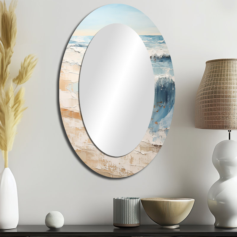 Tranquillité de la plage dorée et bleue I - Miroir mural ovale décoratif beige, 36" x 24"