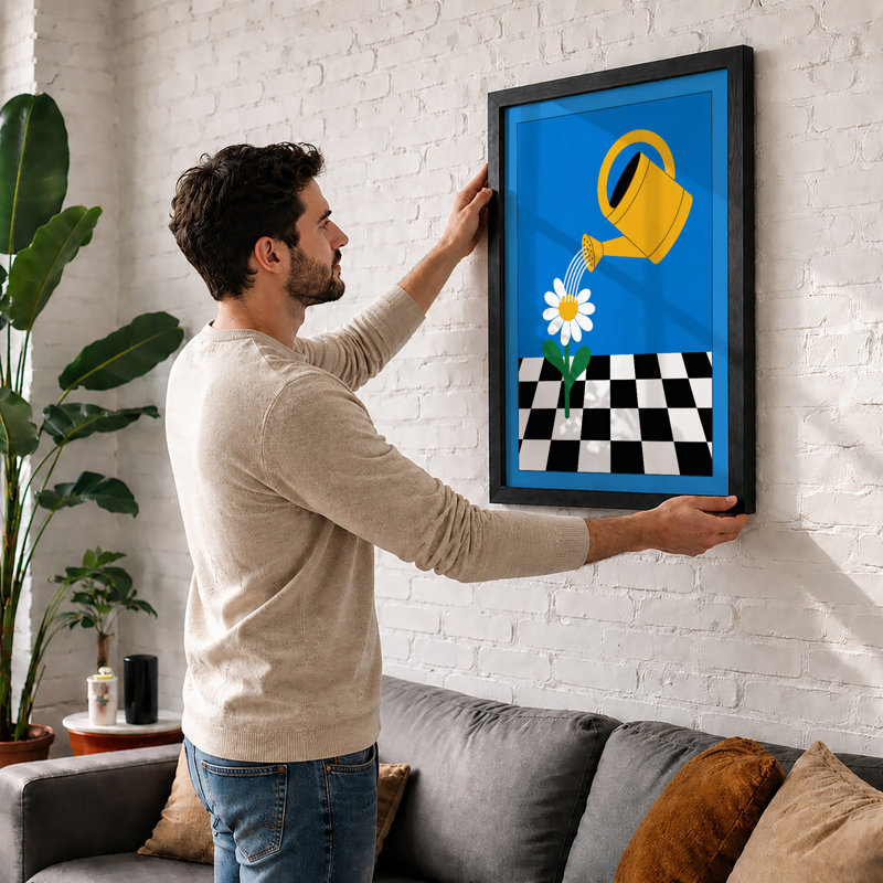 Watering the Daisy Modern - Framed Print, A4 - 29.7 x 21.0 cm, White