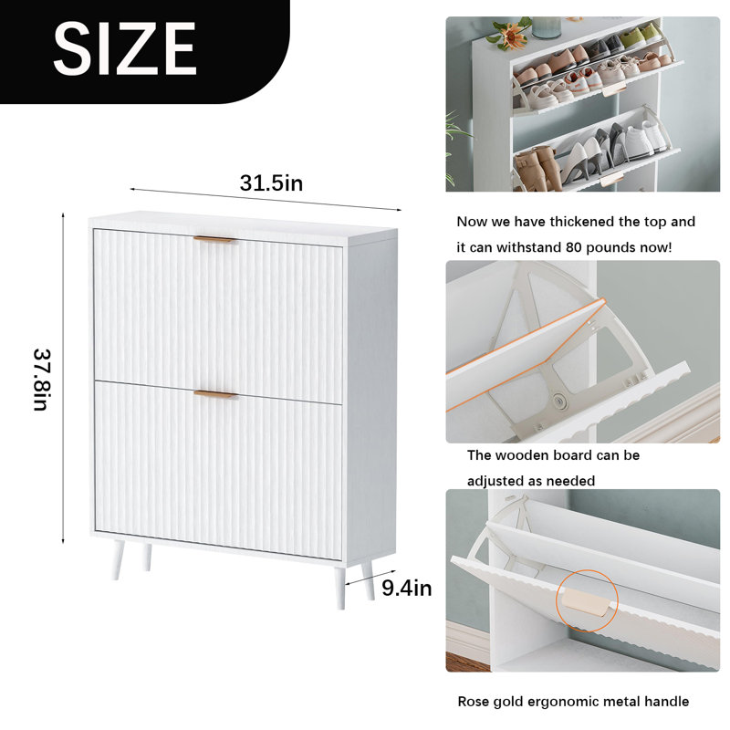 Slim Shoe Cabinet With Flip-Top Drawers, White