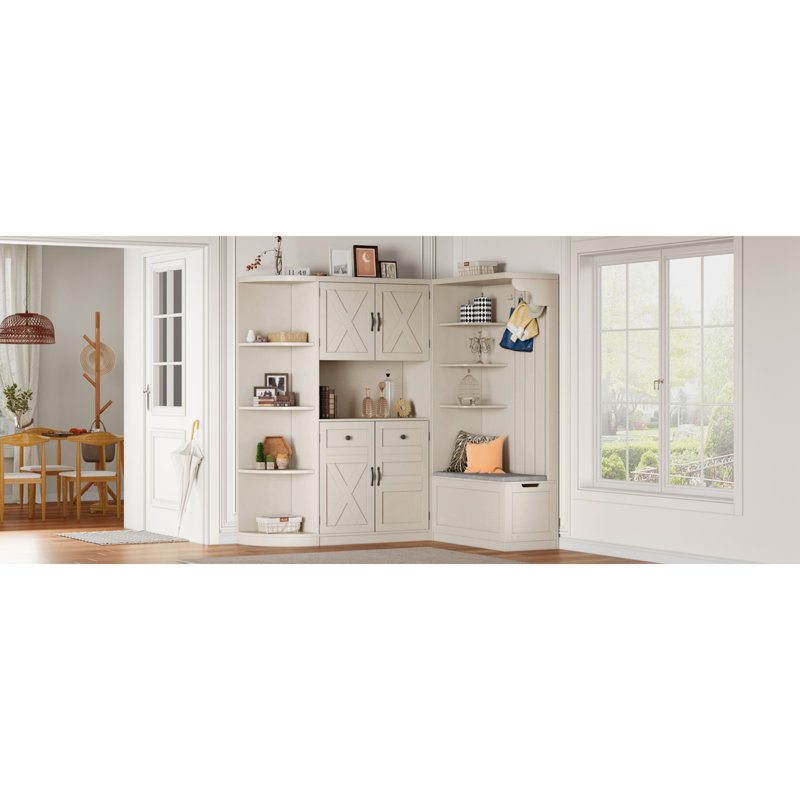 Armoire de vestibule multifonctionnelle gauche-droite avec rangement et 4 crochets, arbre d'entrée 2-en-1 pour le salon, la cuisine, le couloir, beige antique