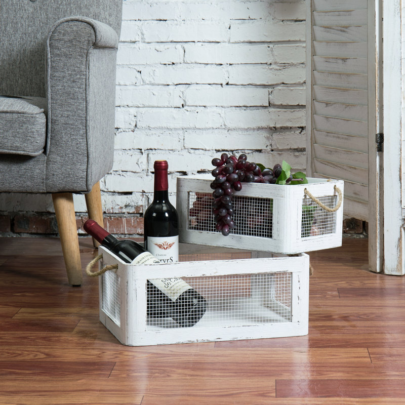 Metal and Solid Wood 2 Piece Decorative Bin Set , White