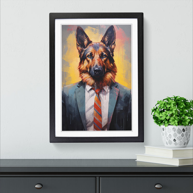 German Shepherd in a Suit Painting No.4 - Framed Print, Black Framed, 64cm H x 46cm W
