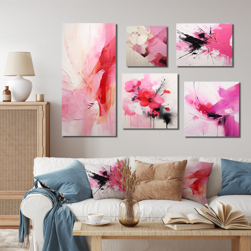 «Gold and Pink Minimal Abstract River I», ensemble d'art mural sur toile abstraite de 5, Toile tendue