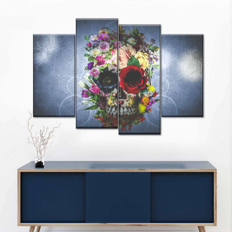 Crâne de fleurs de crâne colorées sur toile, 4 pièces, H 42 po x l 68 po x P 1 po