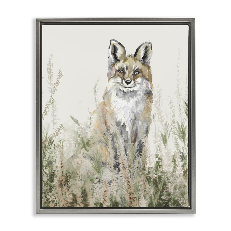 Fox in Meadow Landscape, art mural sur toile flottant noir, H 21 po x l 17 po, Cadre flottant gris lustré